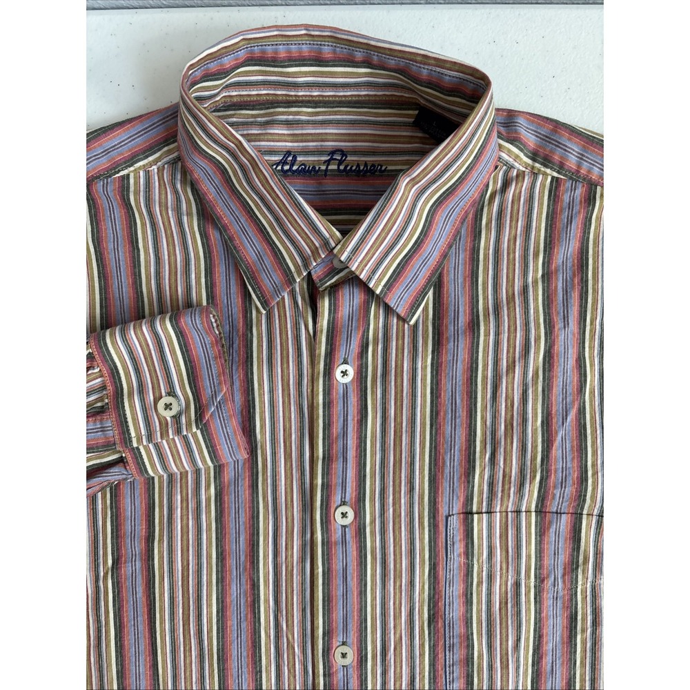 Alan Flusser Men's L Striped Blue Pink Green White Cotton Long Sleeve Button Up